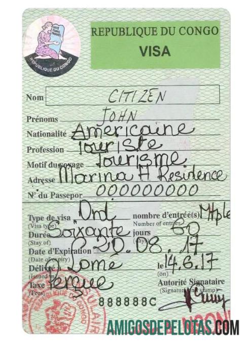 Visto de viagem para o CONGO exemplo real